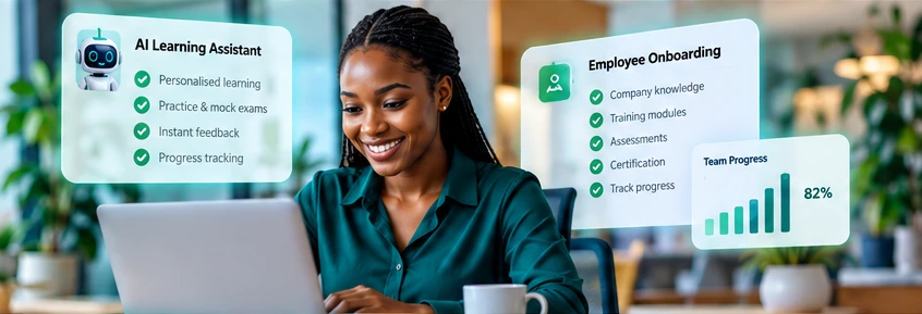 Professional using a laptop with AI learning and employee onboarding dashboards
